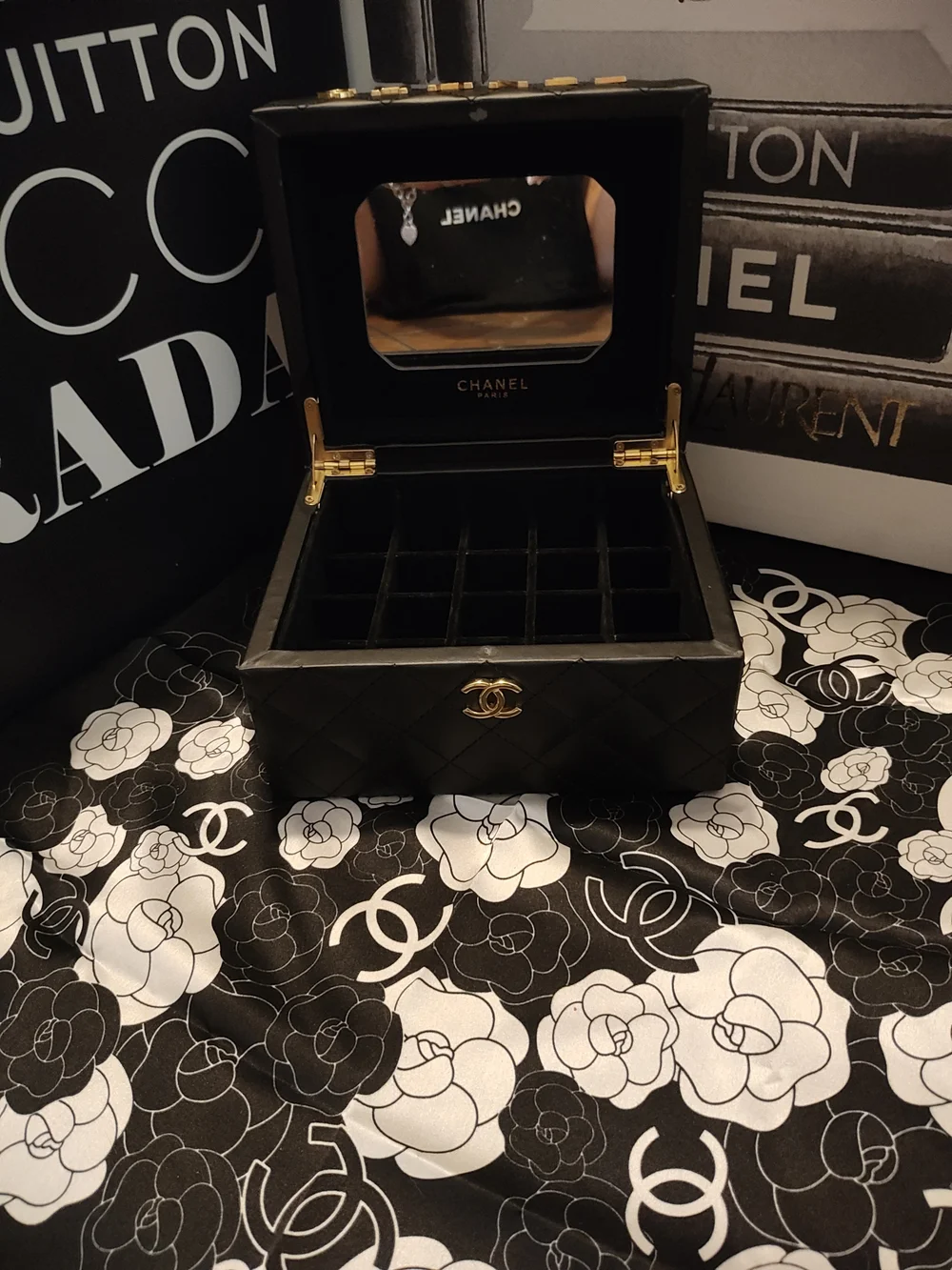 Black Quilted Jewelry Case with Gold Logo Accents And Mirror